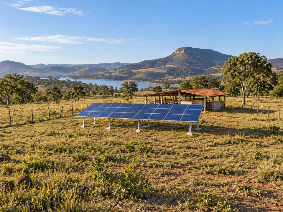 Cena conceitual de propriedade rural com estrutura solar em solo.