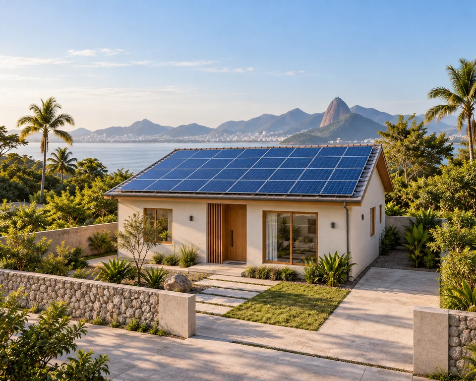 Cena ilustrativa de arquitetura residencial com cobertura solar sob luz natural.