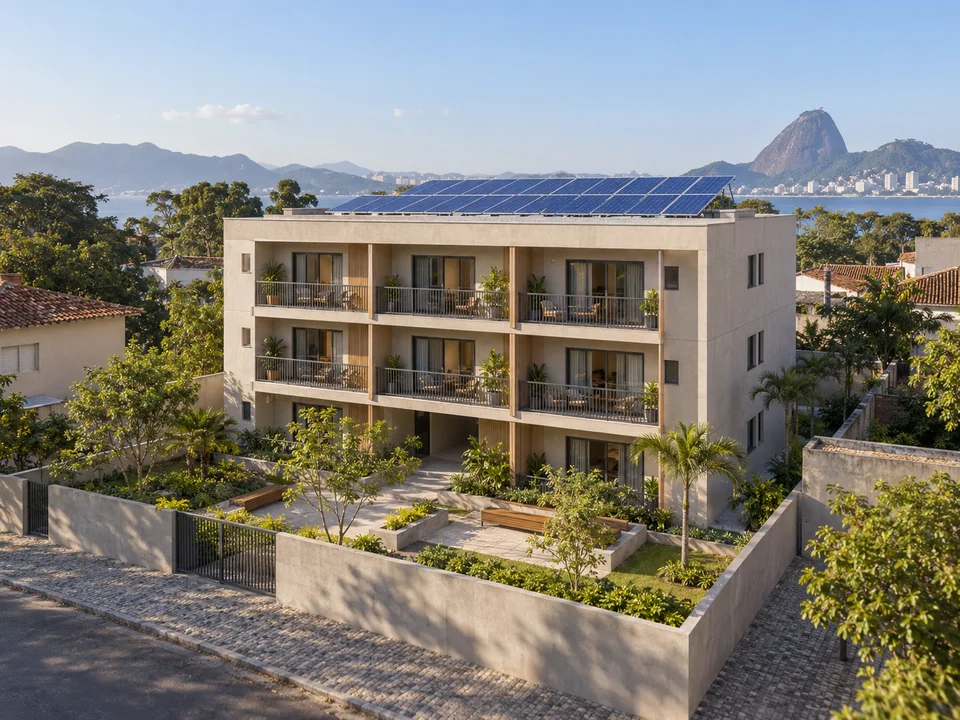 Cena conceitual de edifício residencial e cobertura com painéis.